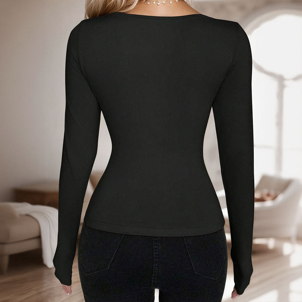 Damen figurbetontes Langarmshirt mit Schnürung, Knopfleiste und schmaler Taillenform Drune