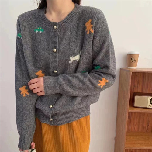 Damen Strickjacke mit buntem Motiv und dekorativen Knöpfen Drune