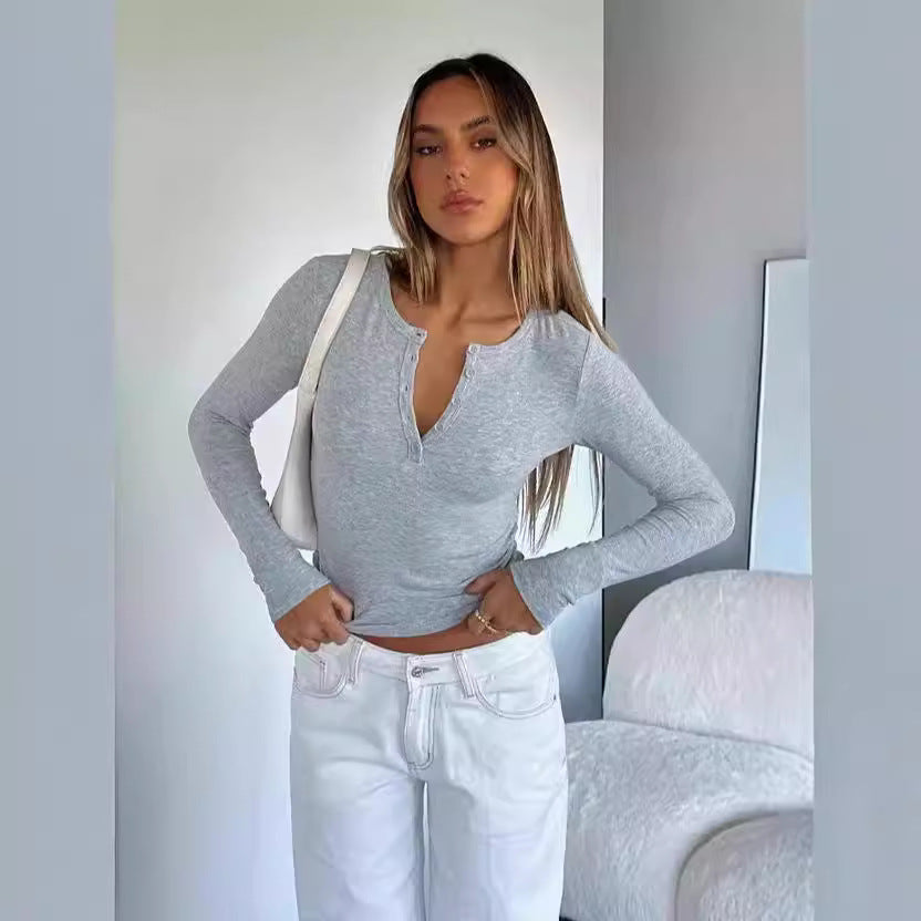 Damen Langarm Crop-Top mit eleganter V-Öffnung und figurbetontem Schnitt Drune