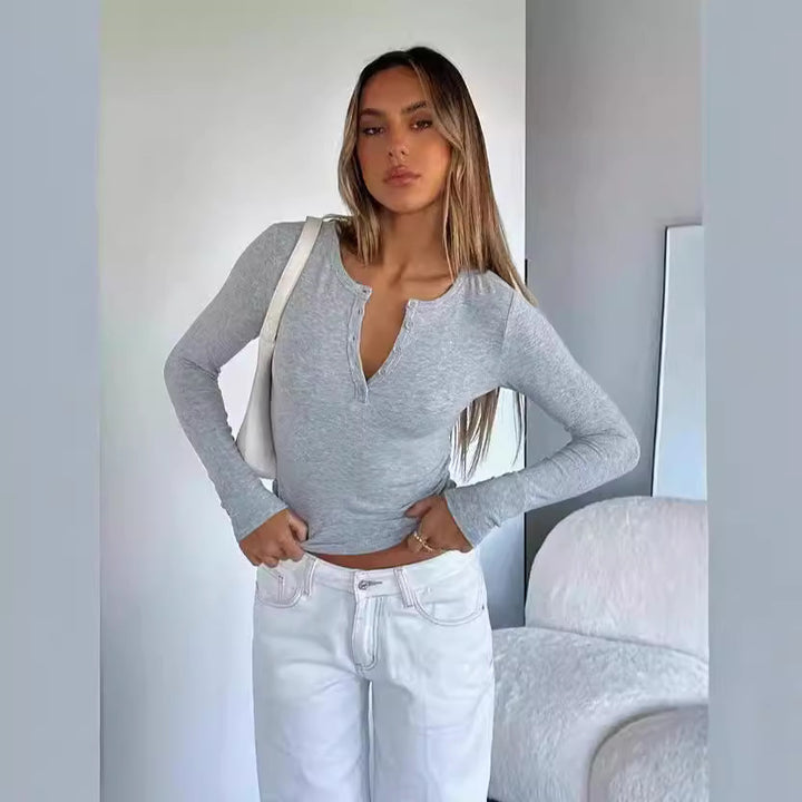 Damen Langarm Crop-Top mit eleganter V-Öffnung und figurbetontem Schnitt Drune
