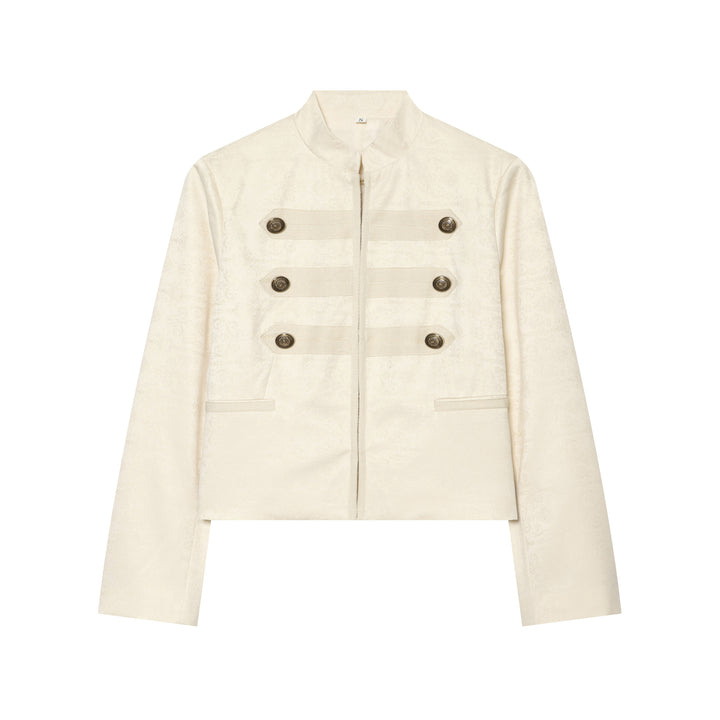 Damen Boxy-Cropped Jacquard-Jackett mit Stehkragen und dekorativer Zierknopfleiste Drune