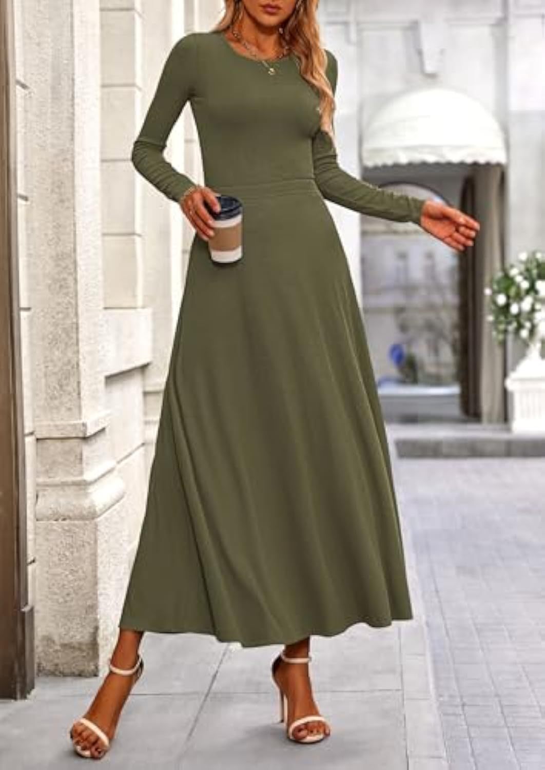 Damen Langärmeliges Maxikleid mit tailliertem Oberteil und fließendem A-Linien-Rock Drune