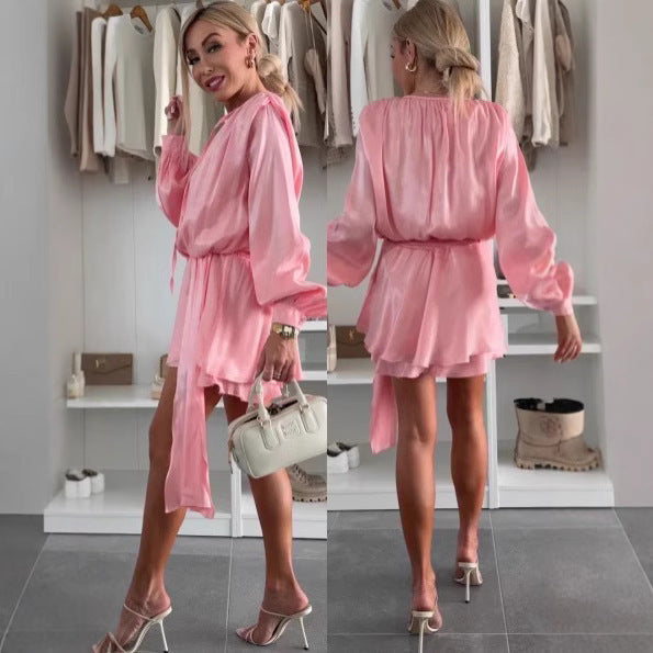 Damen elegantes Wickelkleid aus seidig glänzendem Stoff Drune