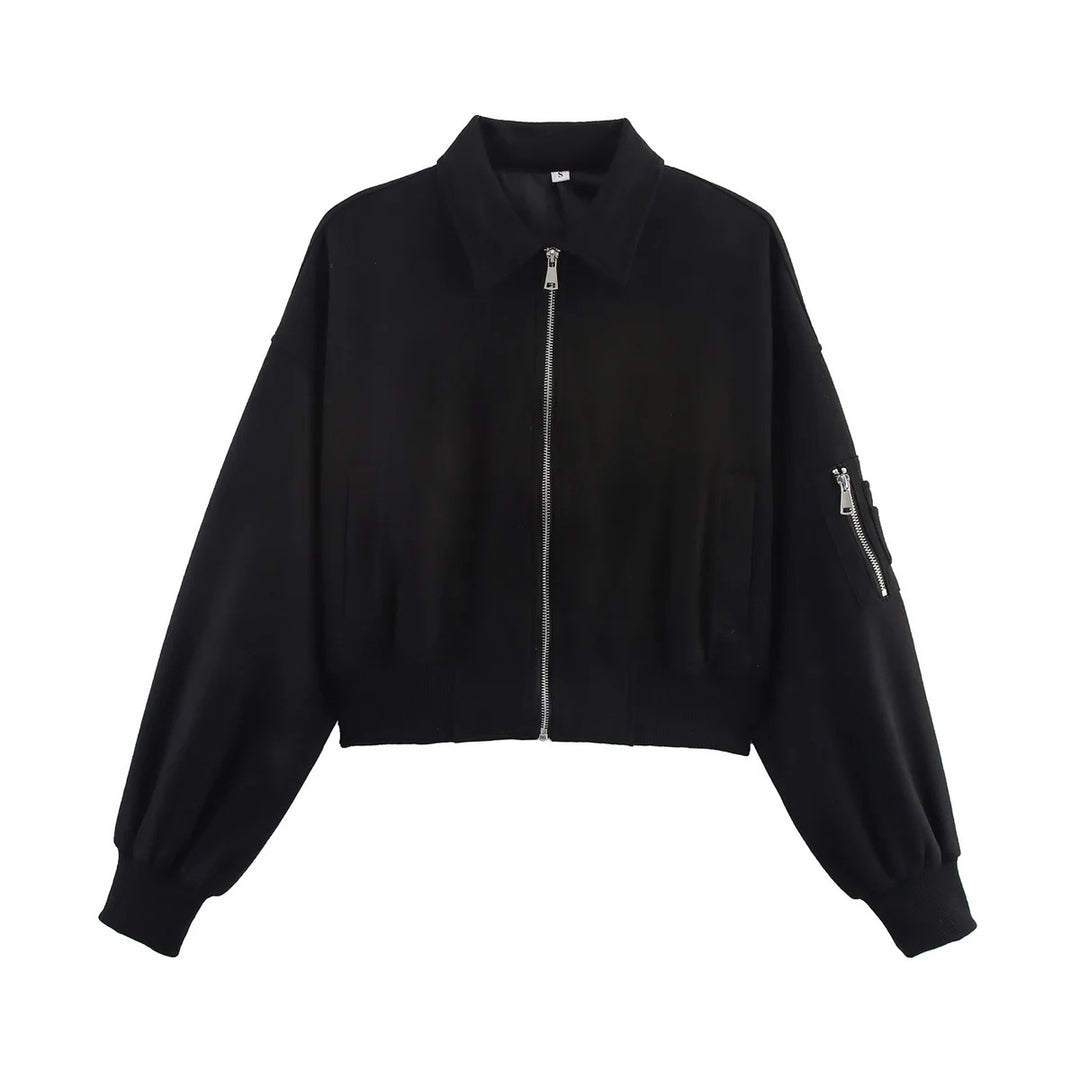 Damen nan cropped Bomberjacke im Velours-Look mit Reißverschluss, Ärmel-Taschen und geripptem Saum Drune