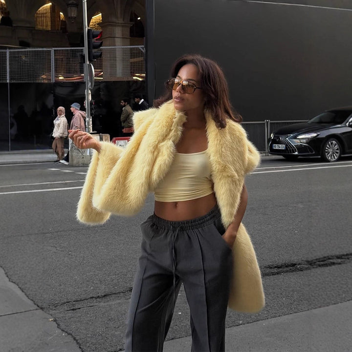 Damen Oversized Kunstfell-Mantel mit weitem Kragen und ausgestellten Ärmeln Drune