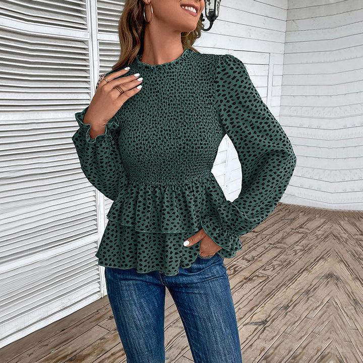Damen Gesmoktes Chiffon-Blusenshirt mit Stufen-Peplum und Rüschenärmeln Drune