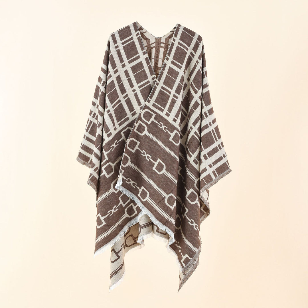 Damen Jacquard-Umhang mit Steigbügel‑Motiv und Fransensaum Drune