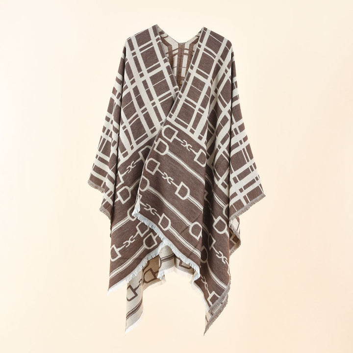 Damen Jacquard-Umhang mit Steigbügel‑Motiv und Fransensaum Drune
