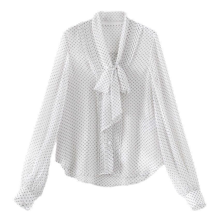 Damen Chiffon-Bluse mit Schleifenkragen, Pünktchenmuster und Biesen-Detail Drune