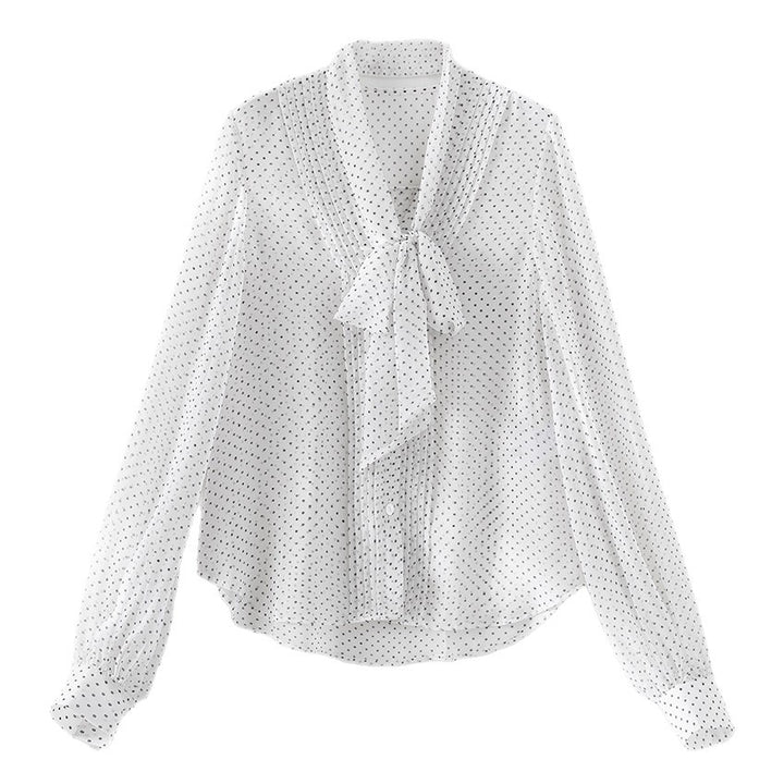 Damen Chiffon-Bluse mit Schleifenkragen, Pünktchenmuster und Biesen-Detail Drune