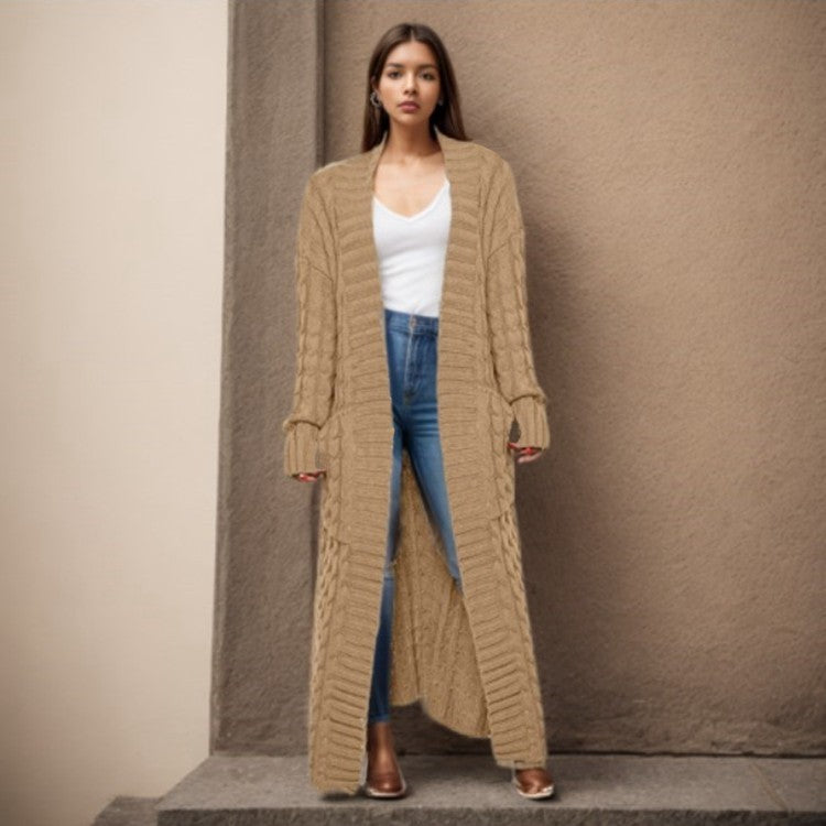 Damen Langer Strickcardigan mit strukturiertem Zopfmuster und praktischen Taschen Drune