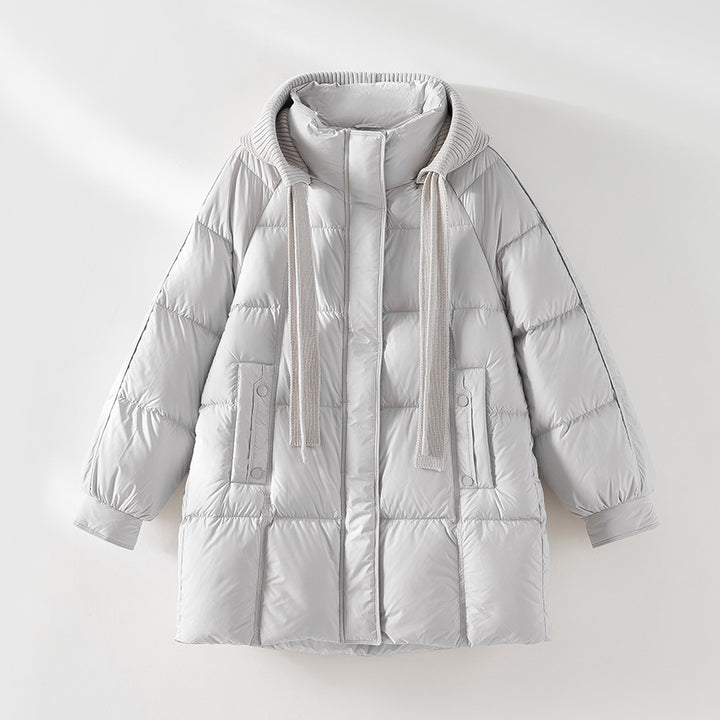 Damen wattierte Steppjacke mit Kapuze Rippkragen weitem Schnitt und Midilänge Drune