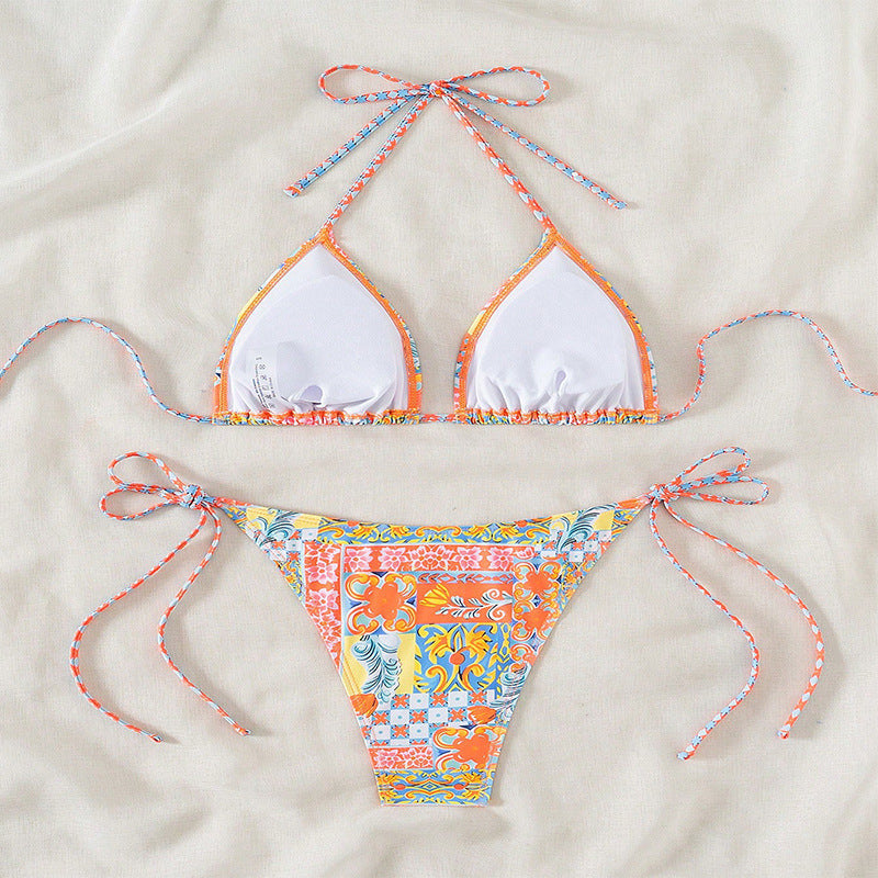 Damen Triangel-Bikini-Set mit verspielt floralem Muster und verstellbaren Bindebändern Drune