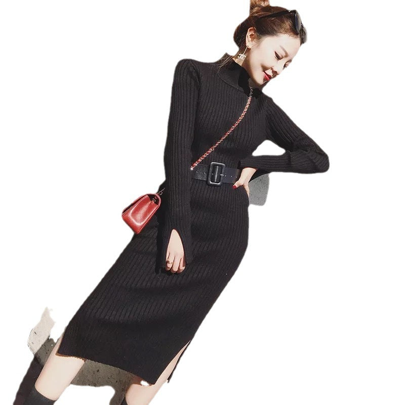 Damen Strickkleid mit Gürtel und hohem Kragen Drune