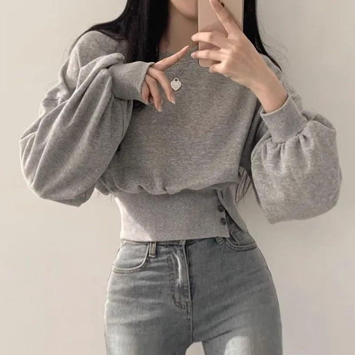 Damen modischer cropped Sweatpullover mit Puffärmeln Drune