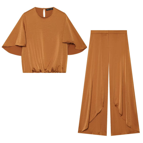 Damen Weite Satin‑Palazzohose mit hoher Taille und vorderer Drapé‑Überlappung Drune