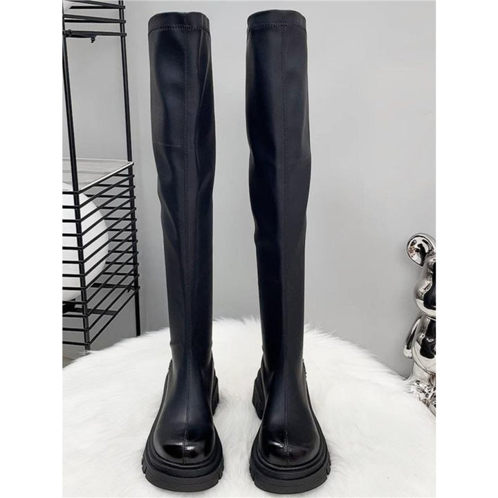 Damen Oberschenkelhohe Stretch-Stiefel mit schlankem Schaft und geformter Plateau-Sohle Drune