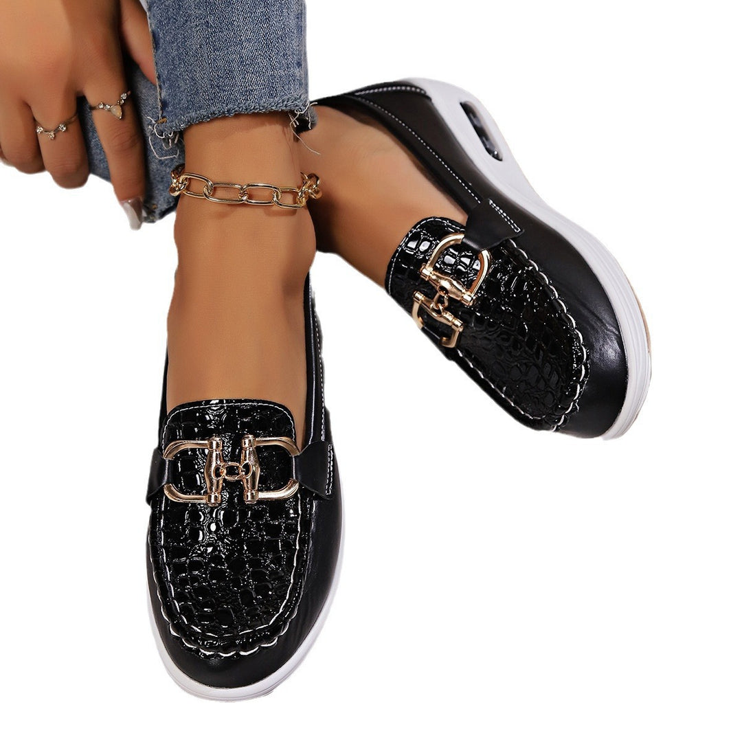 Damen nan modische Plateau-Slipper Loafer mit Krokoprägung, gepolstertem Komfortfußbett und goldener Zierkette Drune