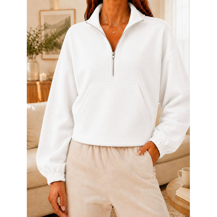Damen Kurz geschnittener Sweatshirt-Pullover mit halbem Reißverschluss und Kängurutasche Drune