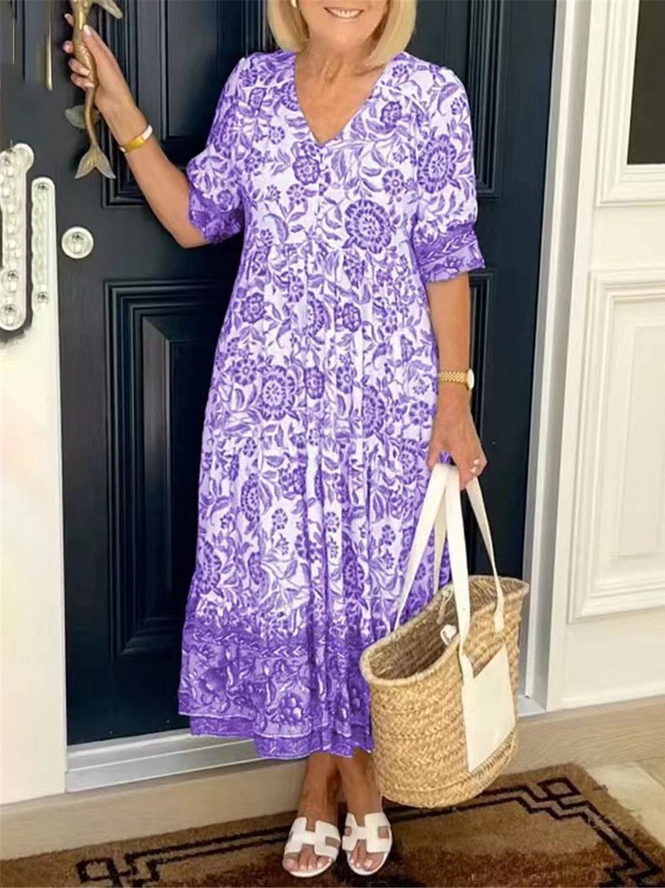 Damen Maxi-Kleid mit floralen Mustern und Volant Drune