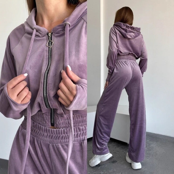 Damen Velours-Lounge-Set mit Cropped Kapuzenjacke und High-Waist weitem Bein Drune