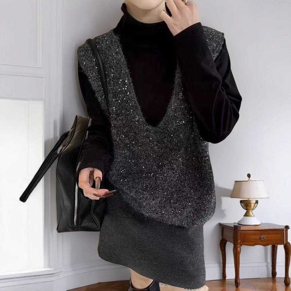 Damen Modische Strickweste mit tiefem V-Ausschnitt und kreativem Schnitt Drune