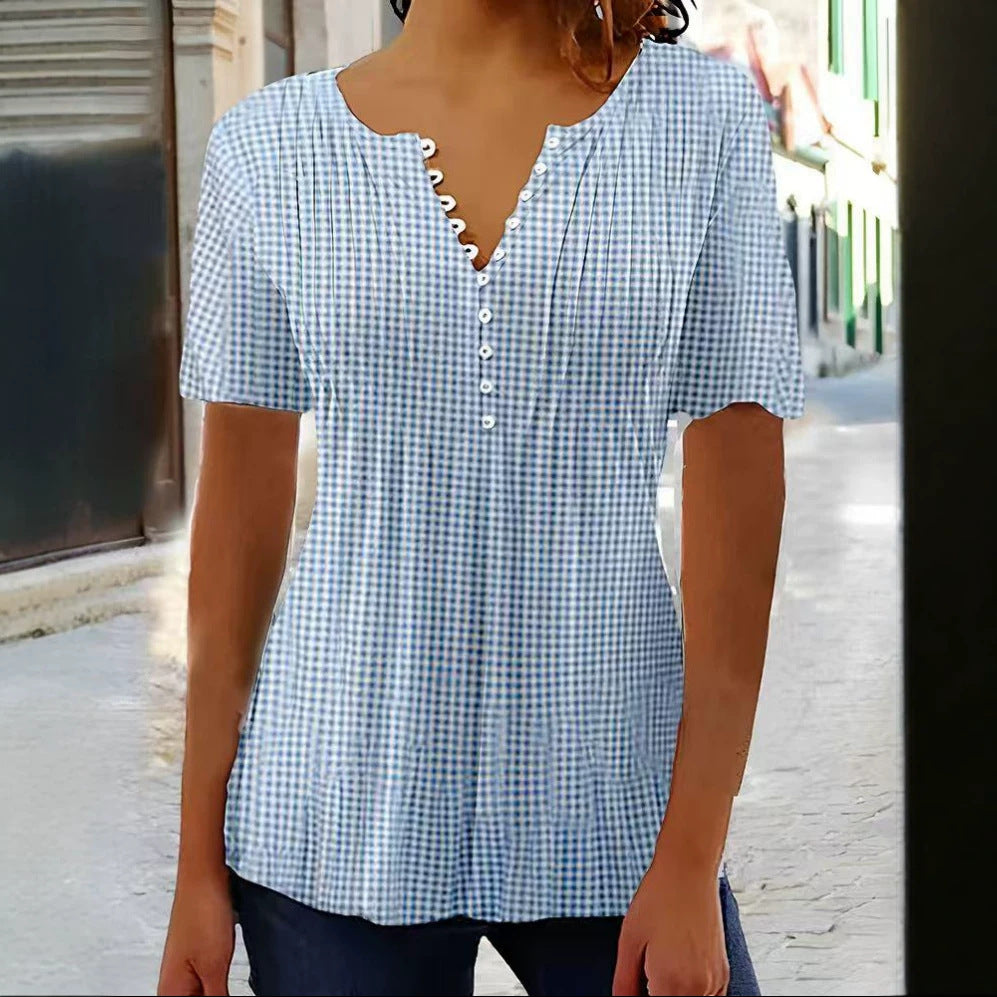 Damen nan leichte Karobluse mit V-Ausschnitt, Zierknopfleiste und Stufenvolant Drune