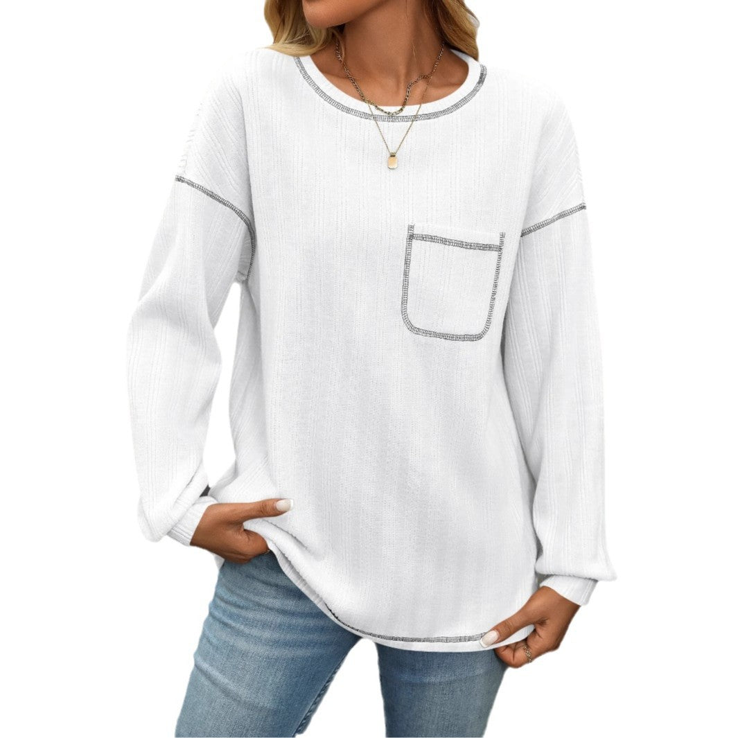 Damen gemütlicher Langarm-Pullover mit Brusttasche Drune