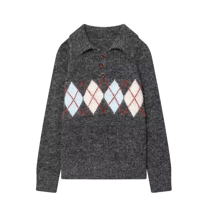 Damen Grobgestrickter Pullover mit Polokragen, 3‑Knopf‑Leiste und Argyle‑Dekor Drune