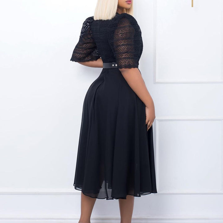 Damen Maxikleid mit dekorativem Spitzenoberteil und Taillengürtel Drune