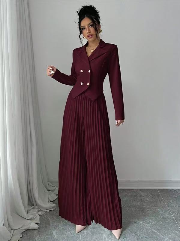 Damen Taillierter Doppelreihiger Blazer und plissierte Palazzo-Hose Drune
