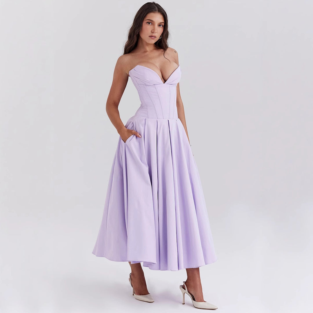 Damen nan trägerloses Korsett-Midikleid mit vorgeformter Miederkonstruktion und ausgestelltem Tellerrock Drune