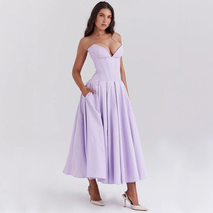 Damen nan trägerloses Korsett-Midikleid mit vorgeformter Miederkonstruktion und ausgestelltem Tellerrock Drune