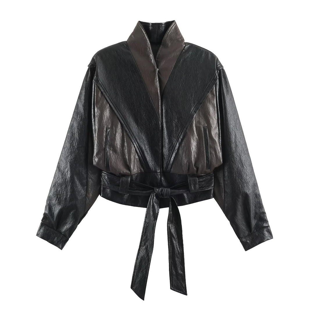 Damen Kurzjacke im Blousonstil mit hochabschließendem Kragen und Bindegürtel Drune
