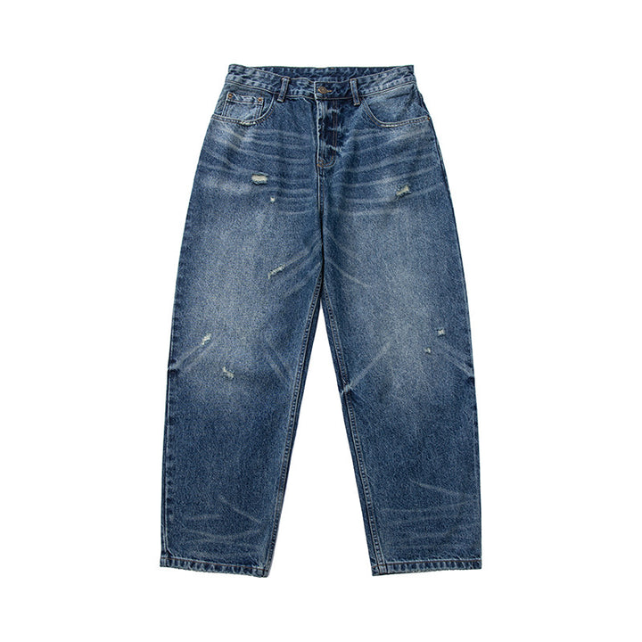 Damen High‑Waist weit geschnittene Jeans im Used‑Look mit Knopfverschluss und dezenten Rissen Drune