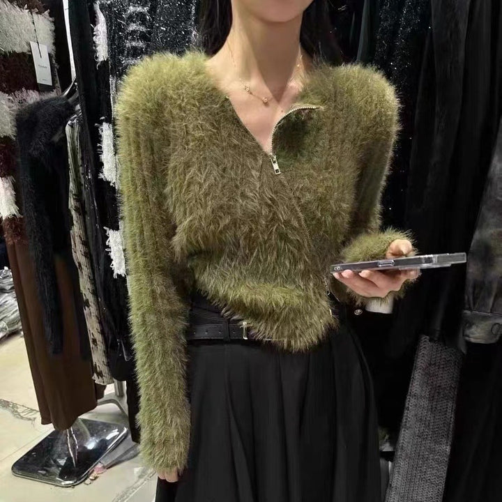 Damen Fluffy Pullover mit modischem Schnitt und praktischen Reißverschluss Drune