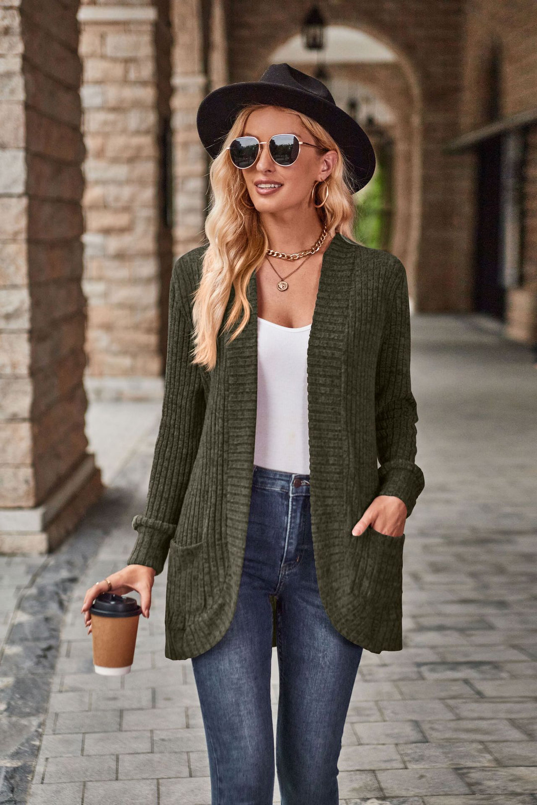 Damen nan langer gerippter Cardigan mit aufgesetzten Taschen und offener Front Drune