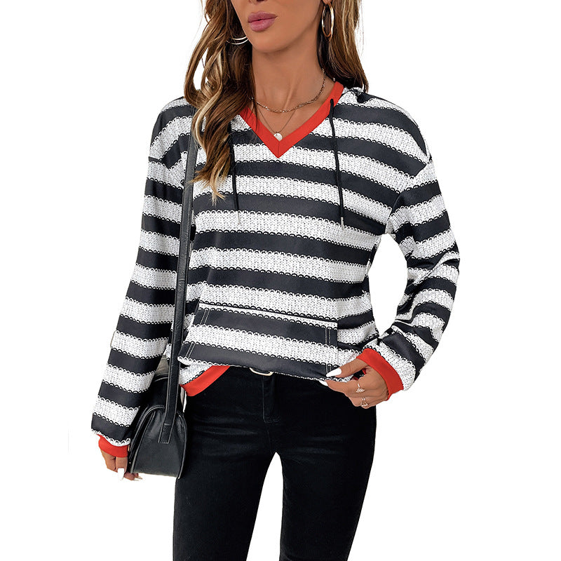Damen Kapuzenpullover mit modernem Streifen-Muster und praktischem Kängurutasche Drune