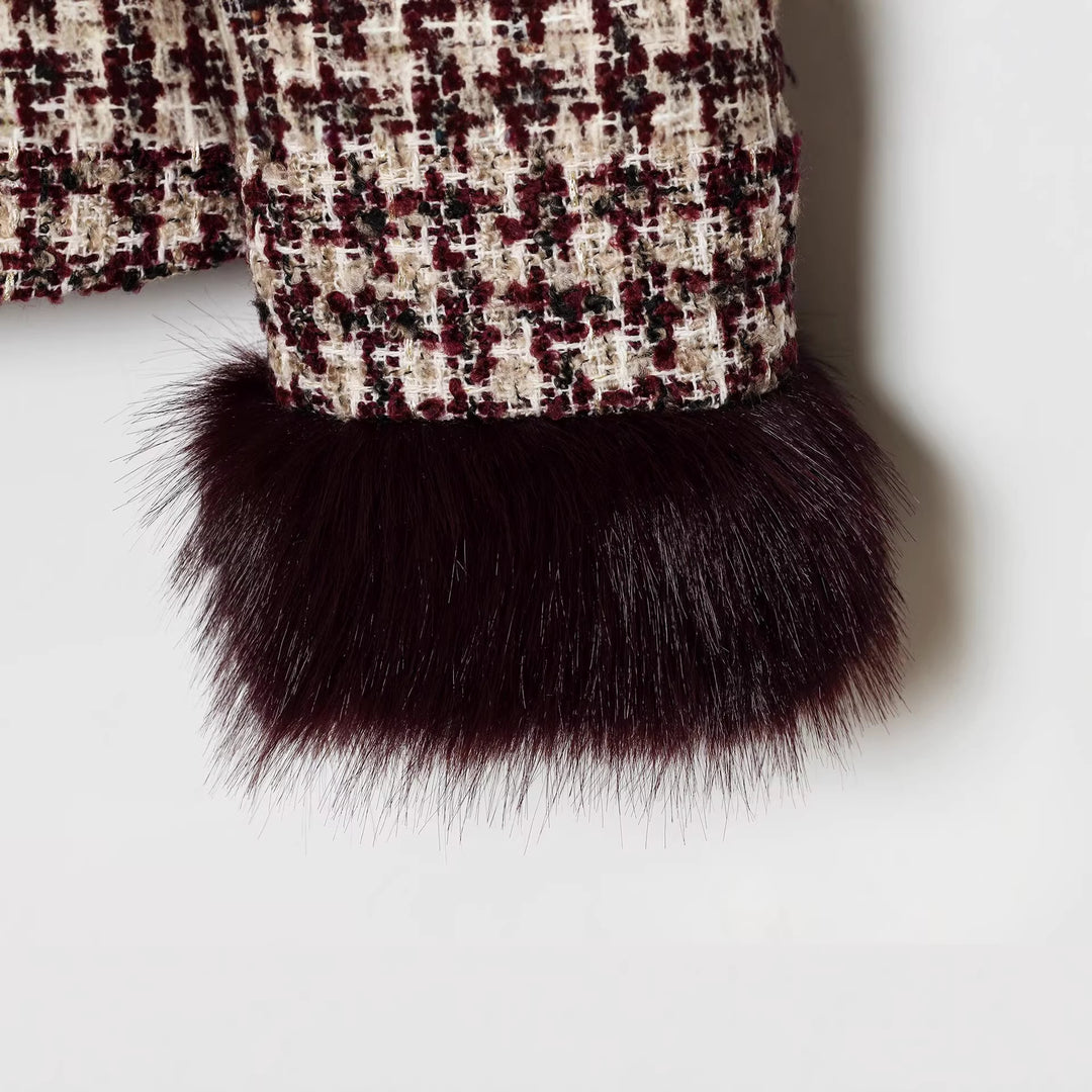 Damen Kurze Bouclé-Tweed-Jacke mit Stehkragen und Kunstfellmanschetten Drune