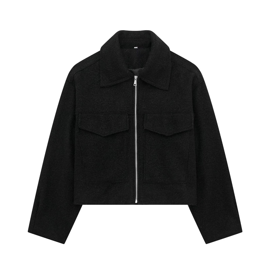 Damen Kurz geschnittene Teddyjacke mit Reißverschluss, Kragen und aufgesetzten Klappentaschen Drune
