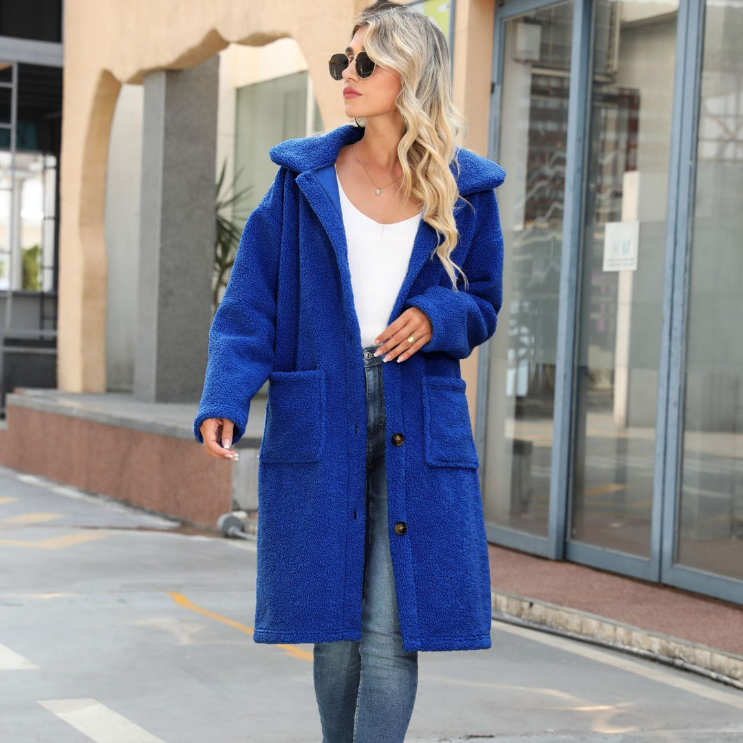 Damen Flauschiger Fleece-Mantel mit großen aufgesetzten Taschen und Knopfdetails Drune