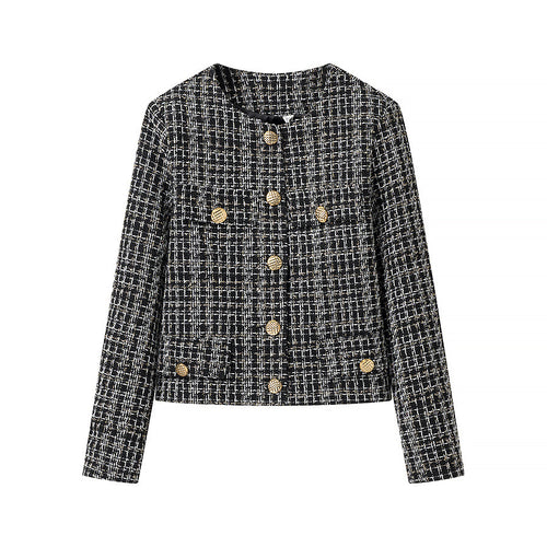 Damen Bouclé-Tweed-Jacke mit Rundhalsausschnitt, goldenen Zierknöpfen und aufgesetzten Taschen Drune
