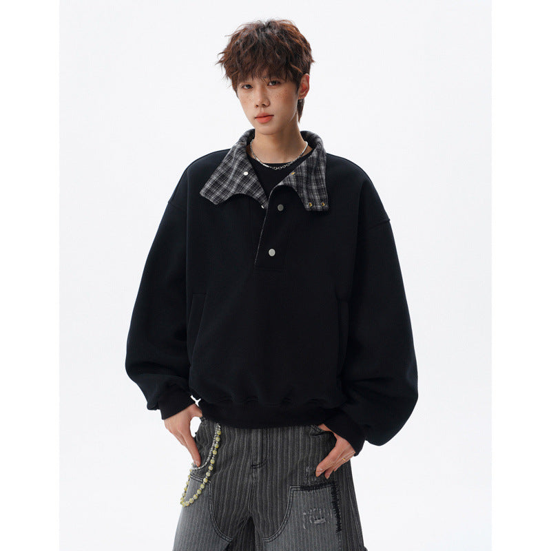 Unisex Oversized Sweatshirt mit abnehmbarem Karo-Kragen und Druckknopfleiste Drune