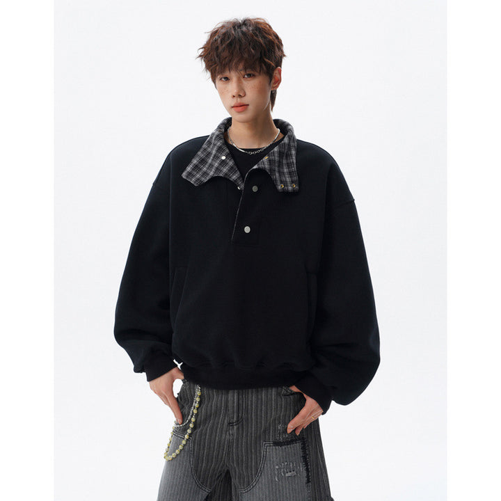 Unisex Oversized Sweatshirt mit abnehmbarem Karo-Kragen und Druckknopfleiste Drune