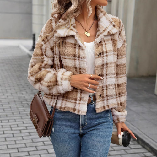 Damen Kuscheljacke mit Karomuster und weichem Teddyfell Drune