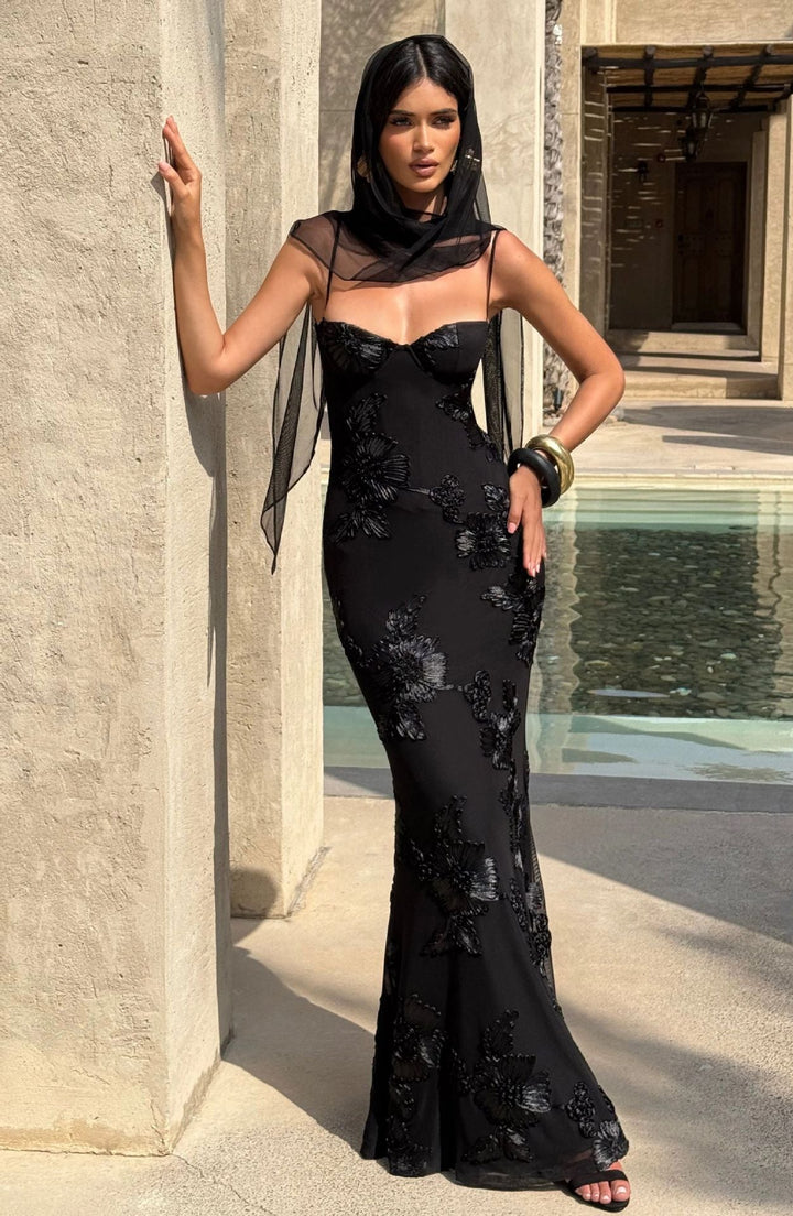 Damen figurbetontes Abendkleid mit floralem Stickdesign und hochwertigem Stoff Drune