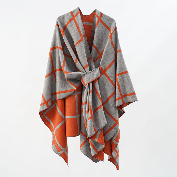 Damen Oversize Wollmix Poncho mit Gürtel und Karomuster Drune