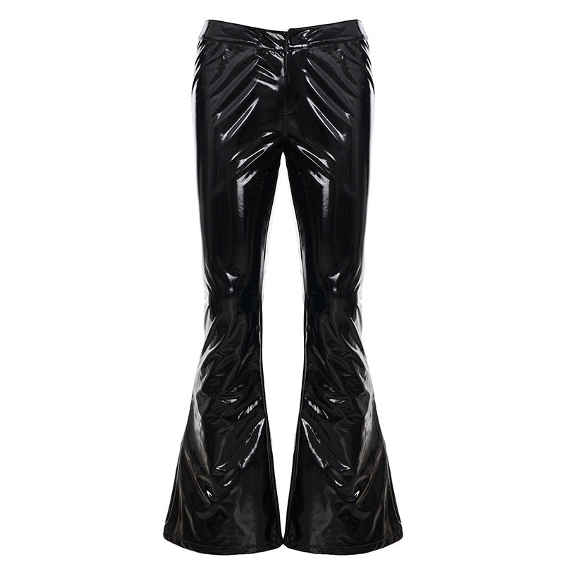 Damen nan hochglänzende Lackhose mit hoher Taille, figurbetonter Oberschenkelpassform und weitem Schlag Drune