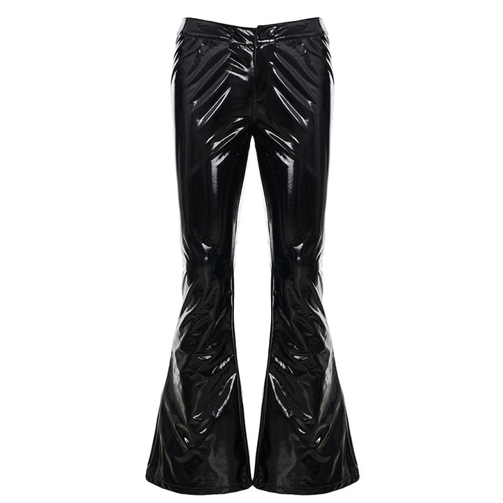 Damen nan hochglänzende Lackhose mit hoher Taille, figurbetonter Oberschenkelpassform und weitem Schlag Drune