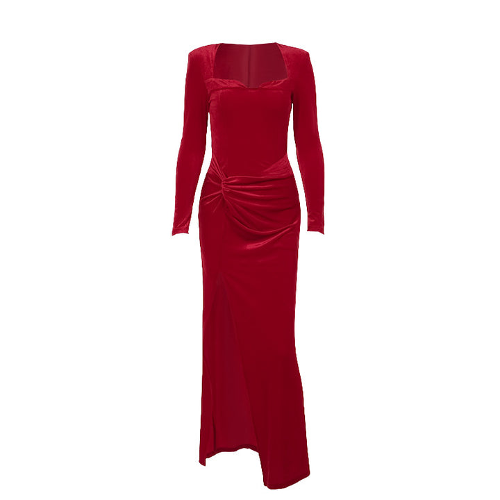 Damen elegantes langärmeliges Abendkleid mit hohem Schlitz und Rüschendetails Drune